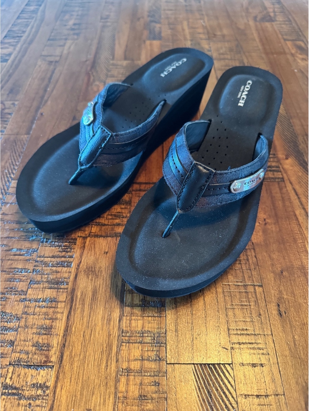 Coach New York Black Wedge Flip Flop Sandals